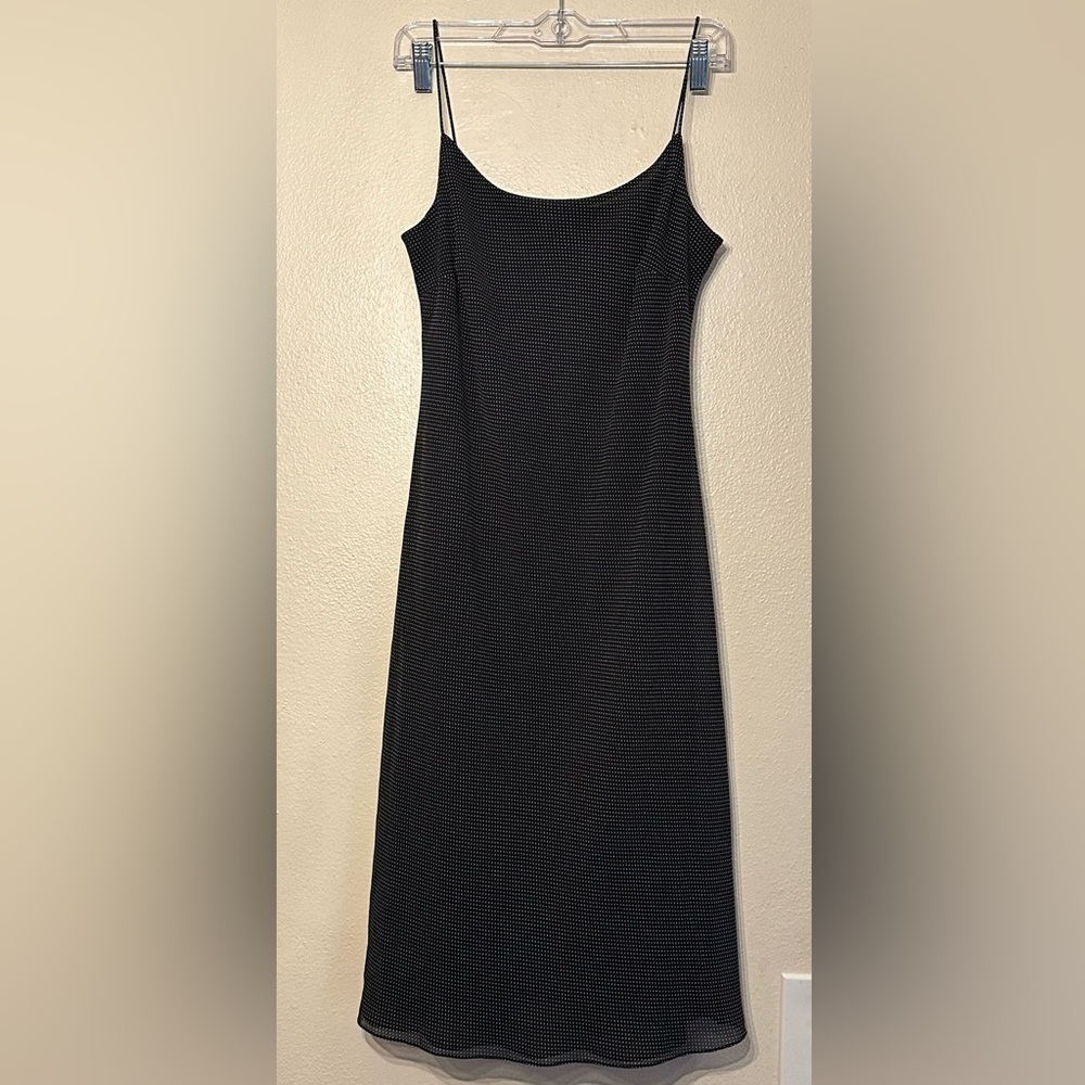 Ann Taylor LOFT Sundress Midi Polka Dot Black Tan Lined Semi-sheer Dutton 8